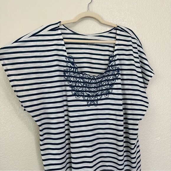 Lane Bryant Blue White Striped Embroidered Neckline Short Sleeves Top - Picture 3 of 9